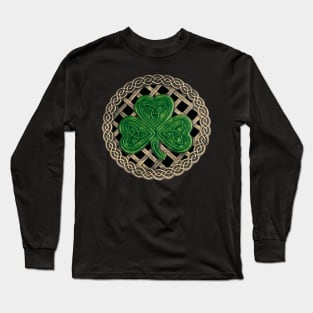 Celtic Knot Shamrock Black Background Long Sleeve T-Shirt